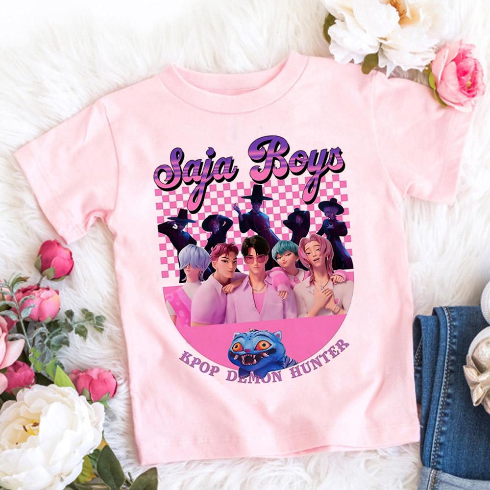 Summer Pure Cotton KPop Demon Hunters TShirt Kids Cartoon Anime Meme Print Clothes Round Neck Basic Boys Tops Casual Shirts