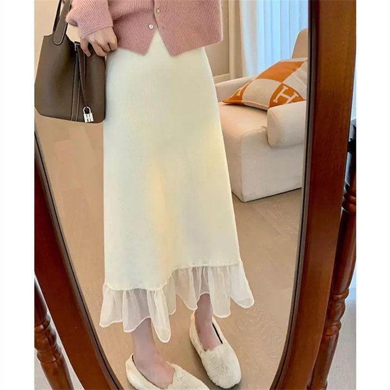 

Трикотажная юбка миди с сетчатыми вставками, для миниатюрных, осенне-зимняя модная юбка А-силуэта с высокой талией, средней длины, облегающая бедра One Size белый