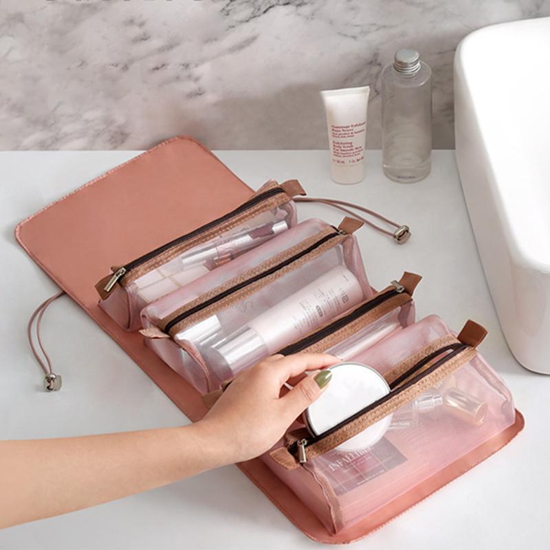Foldable Detachable Makeup Pouches 4 In1 Portable Travel Cosmetic Bag Transparent Mesh Toiletry Kits Makeup Brush Storage