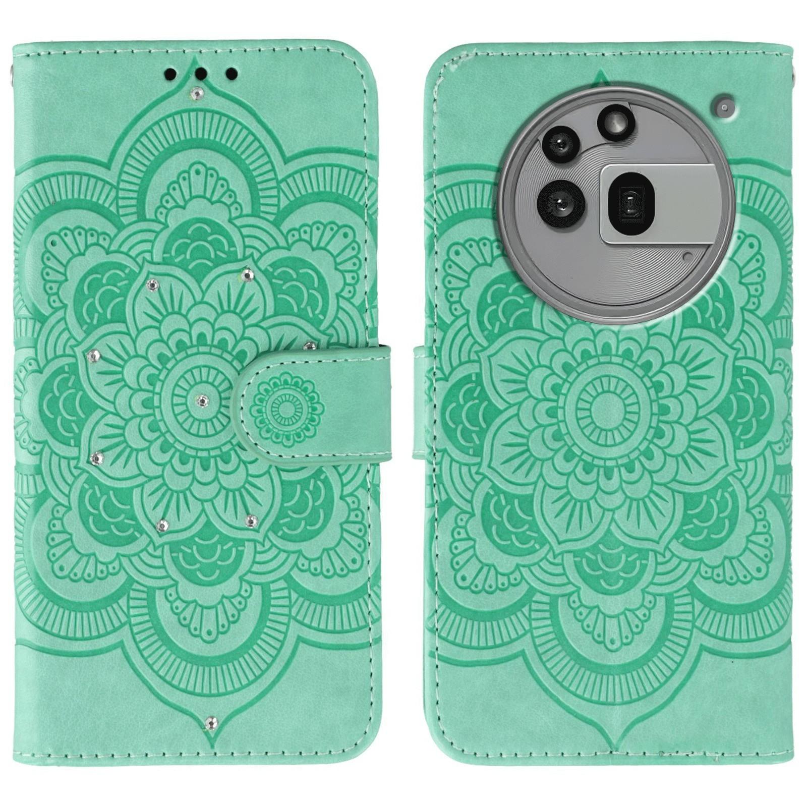 

For Nothing Phone (3a) Pro Case Rhinestone Decor PU Leather Mandala Imprinted Design Phone Cover with Wrist Strap Green