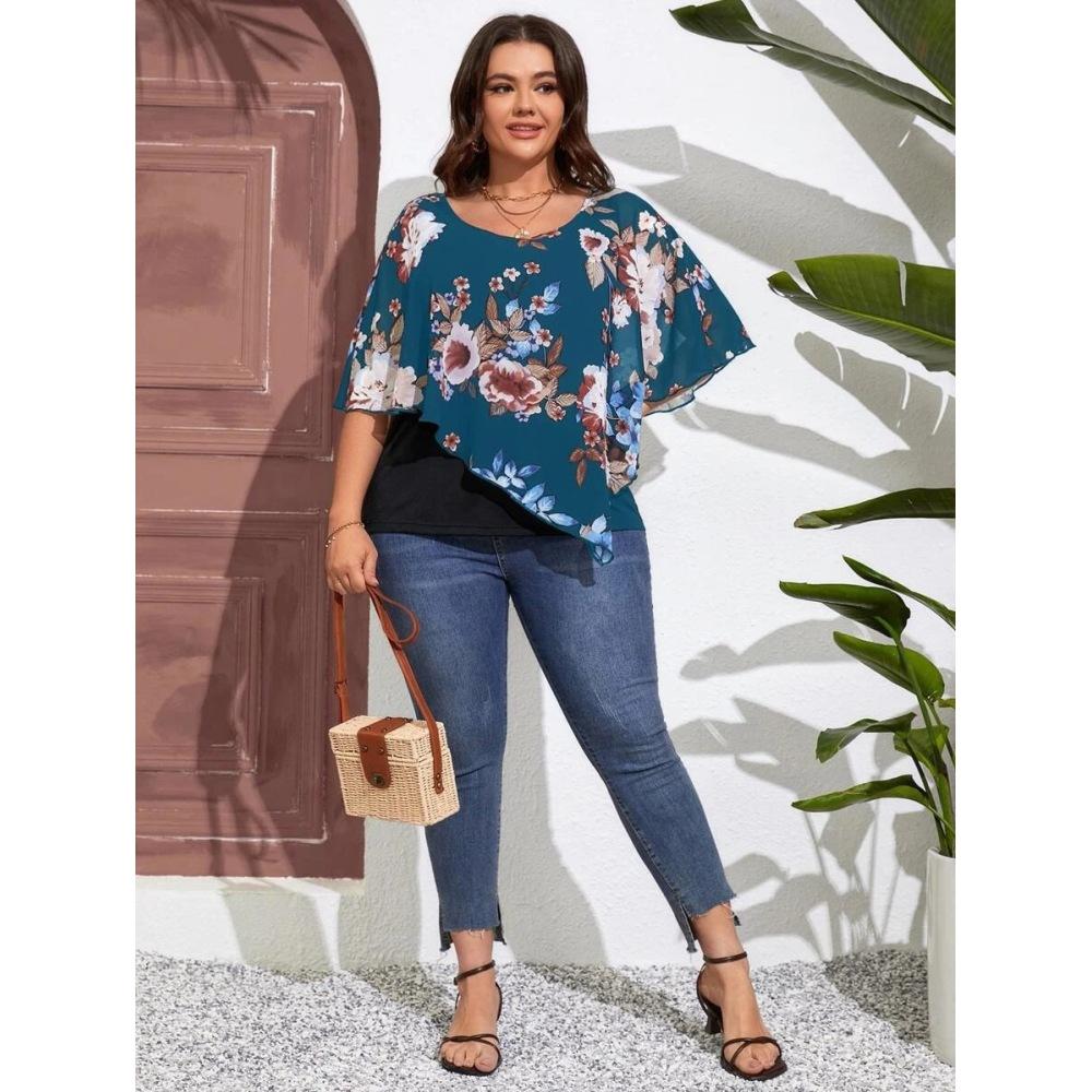Plus Size Women's Chiffon Shawl Fake Two Piece T-Shirt