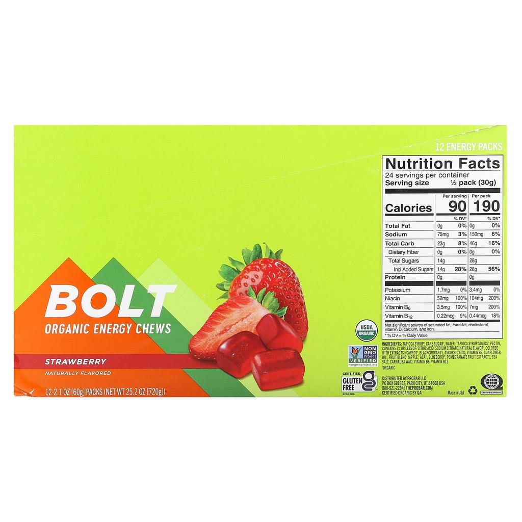 Bolt Organic Energy Chews Strawberry Flavor 12 Packs 60G (2.1Oz) Each