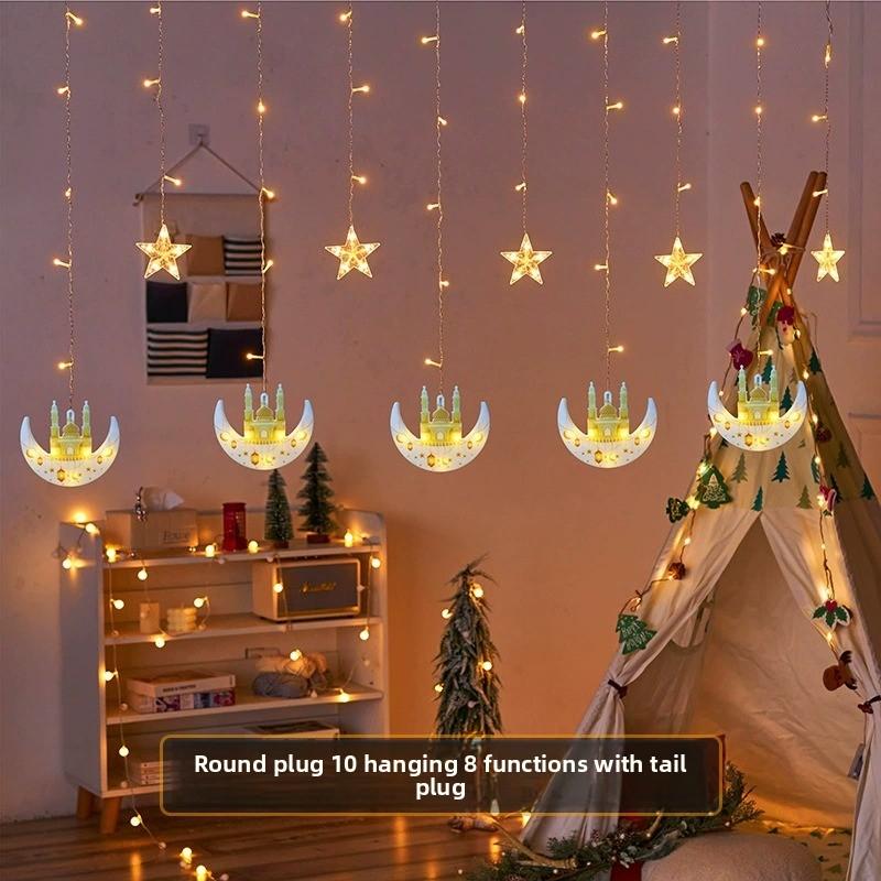 USB  Powered LED Moon and Star Curtain Lights 8 Lighting Modes Timer Function for Ramadan  Thanksgiving Bedroom and Party Decor