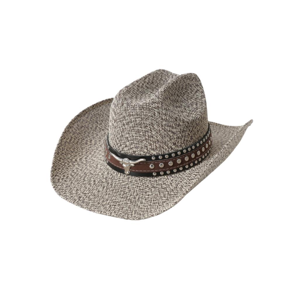 Retro Bull Head, Rivet Belt, Straw Hat, Women's and Men's Summer Visor, Rolled-brimmed Western Cowboy Top Hat