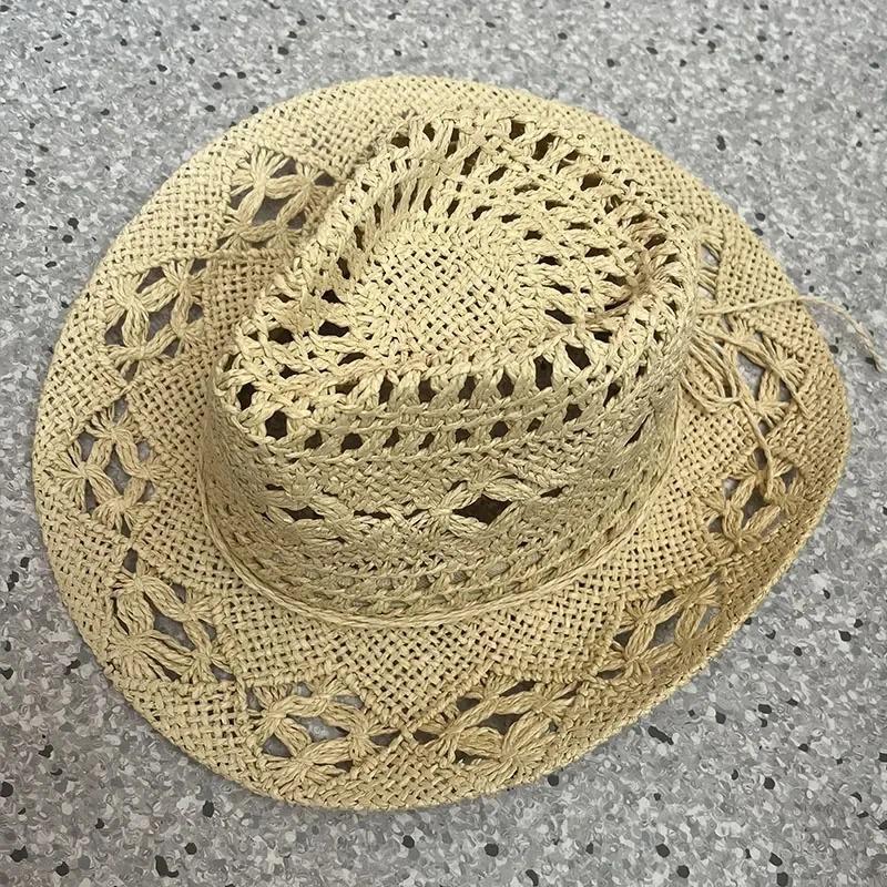 1Pc Summer Bohemian Shell Straw Hat Beach Women Men Cowboy Hats Wooden Beads Hollow Out Western Wide Brim Sun Hat Holiday Cap