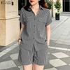 ZANZEA Women Short Sleeve Blouse and Shorts Summer Stripe Print Two Piece Suit Sets