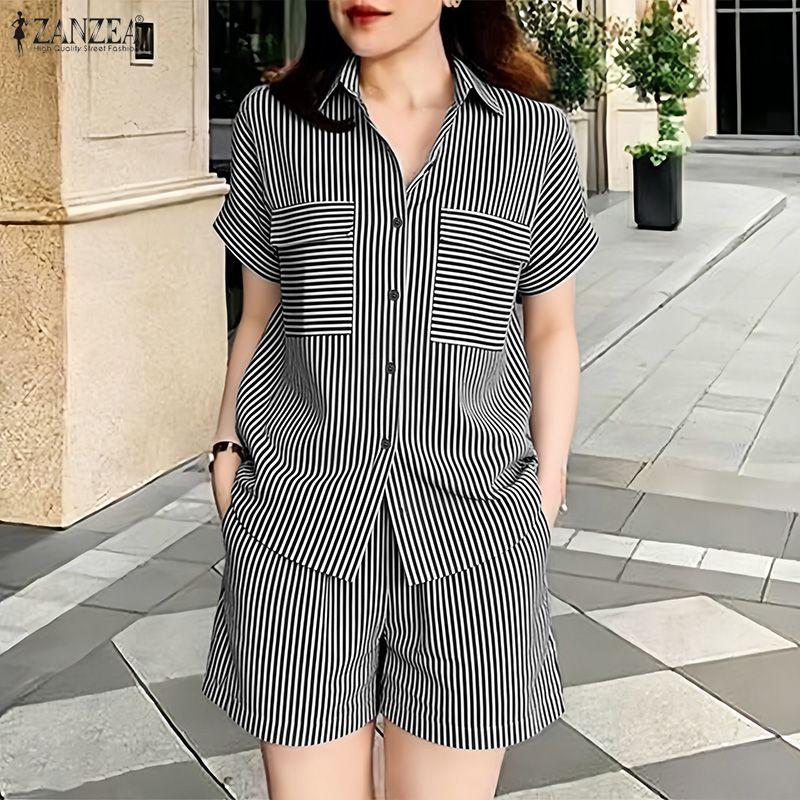 ZANZEA Women Short Sleeve Blouse and Shorts Summer Stripe Print Two Piece Suit Sets