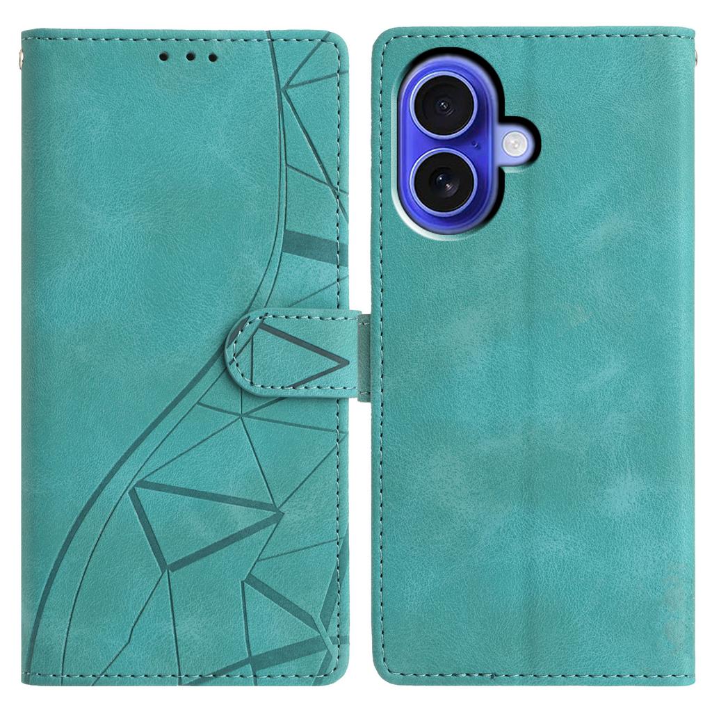 For iPhone 16 Case Wallet Stand Imprinted Triangle Pattern Leather Phone Flip Cover