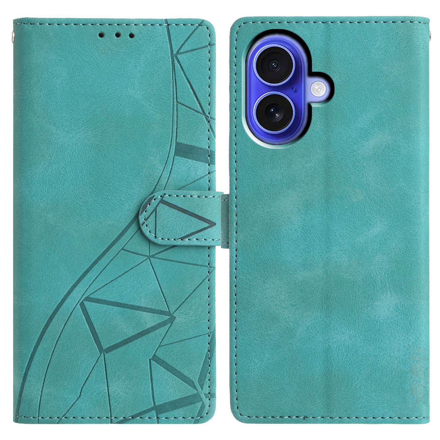 

For iPhone 16 Case Wallet Stand Imprinted Triangle Pattern Leather Phone Flip Cover Green