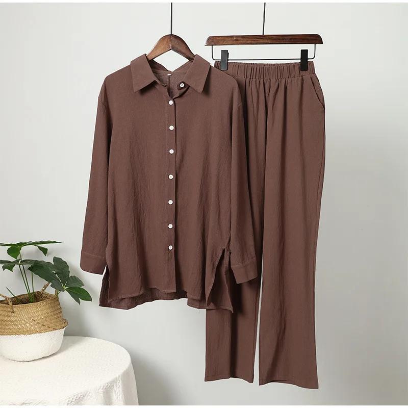 Set Musulmano da Donna Set Pantaloni a Gamba Larga Set Due Pezzi Lino Bottoni Camicia Completo Ramadan Eid Dubai Ensemble Abbigliamento Arabo