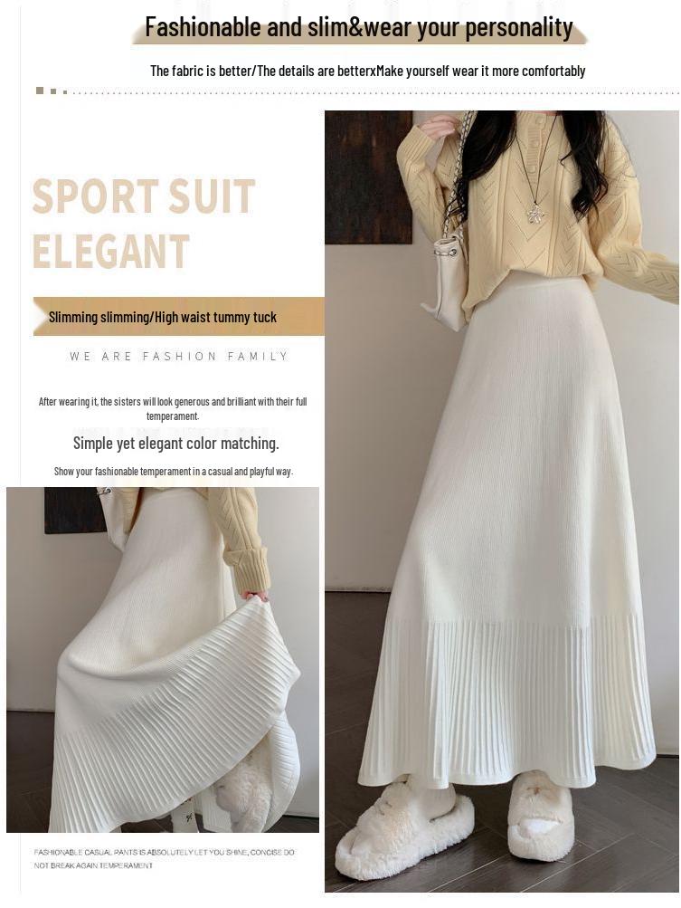 High Waist Autumn/Winter Pleated A-line Knit Skirt with Slimming Design