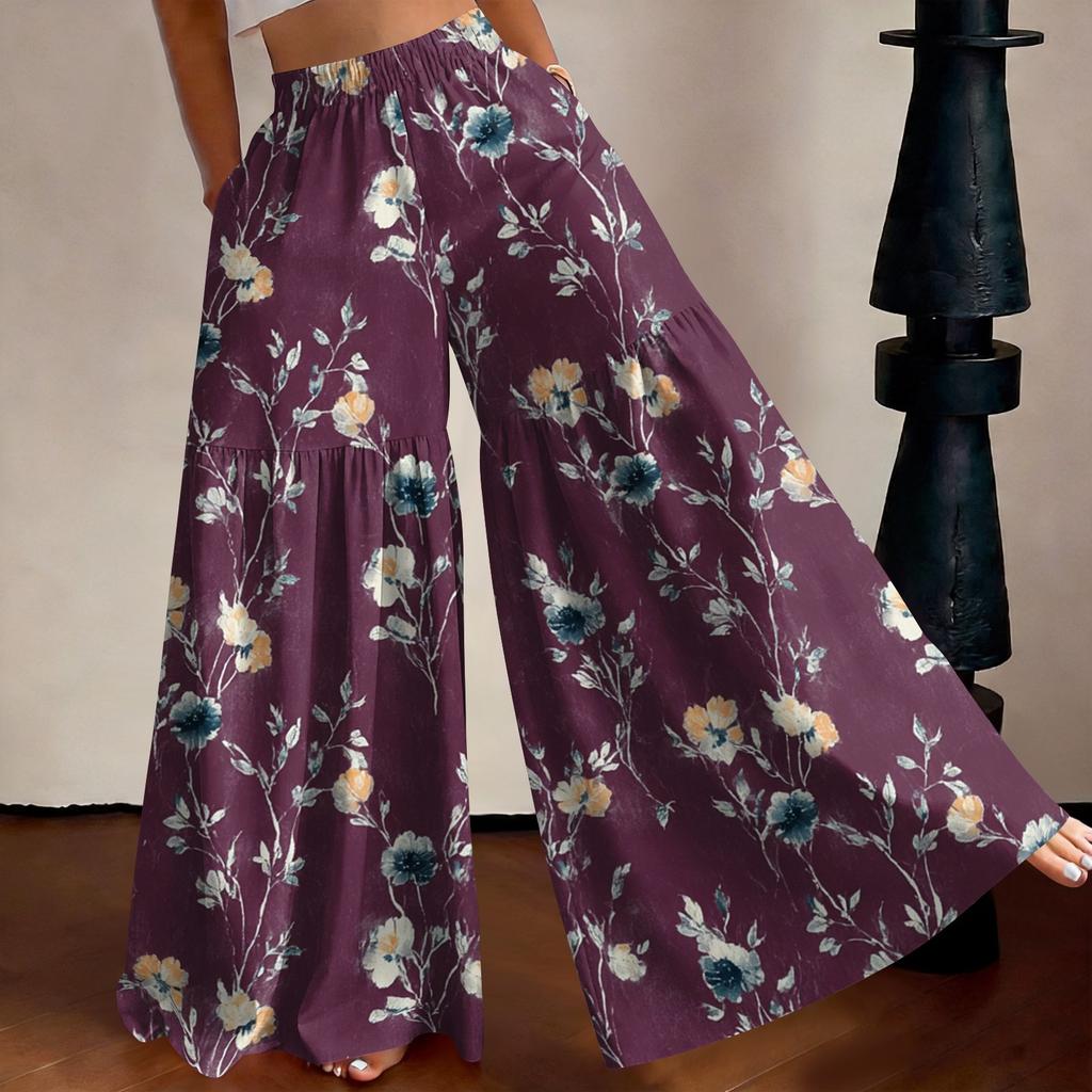 Women's High Waist Wide Leg Pants Loose Fit Lightweight Breathable Floral Print Casual Palazzo Trousers for Summer