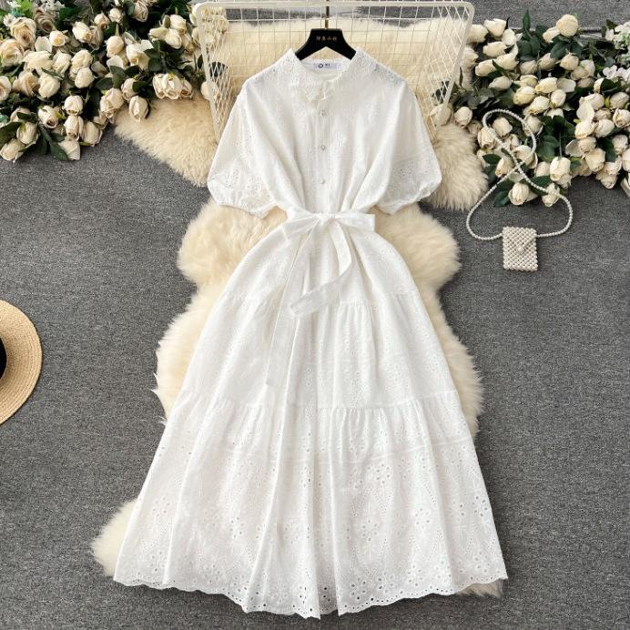 2026 retro embroidery hollow lace lapel breasted slim-fit long age-reducing bubble sleeve dress women