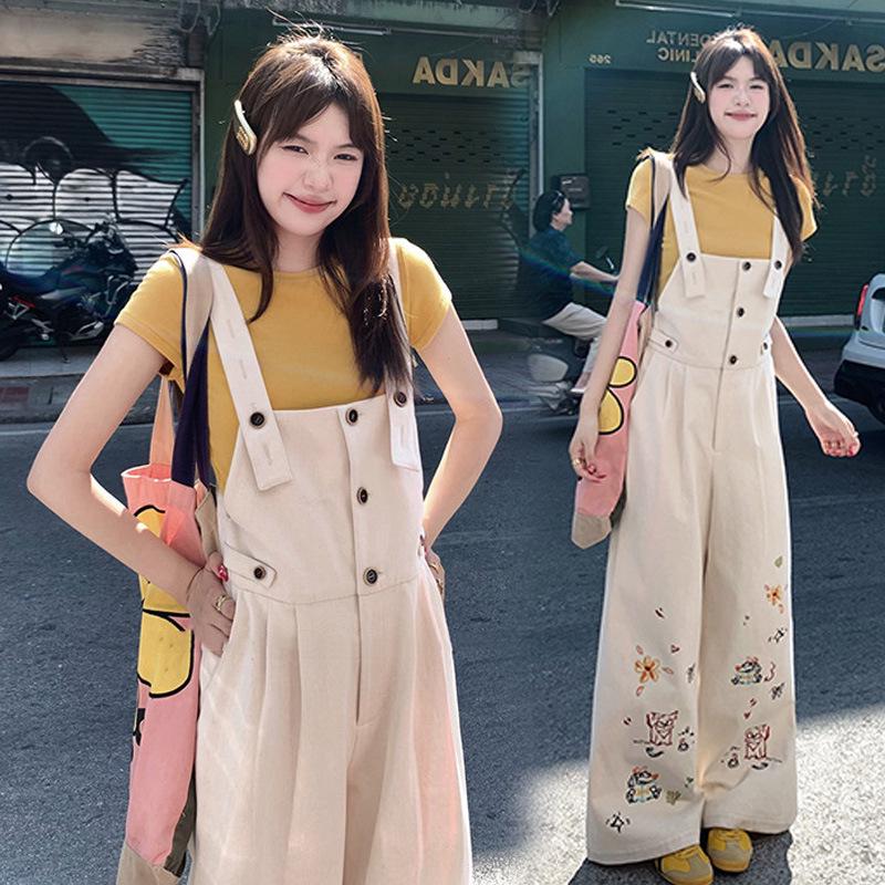 2026 Spring/Summer Stylish Maternity Set: Round Neck T-Shirt & Heavy Embroidered Strappy Pants 2XL