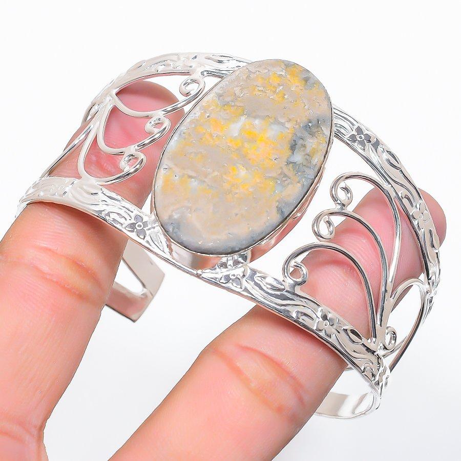 Bumble Bee Jasper Gemstone 925 Sterling Silver Cuff Bangle Adjustable