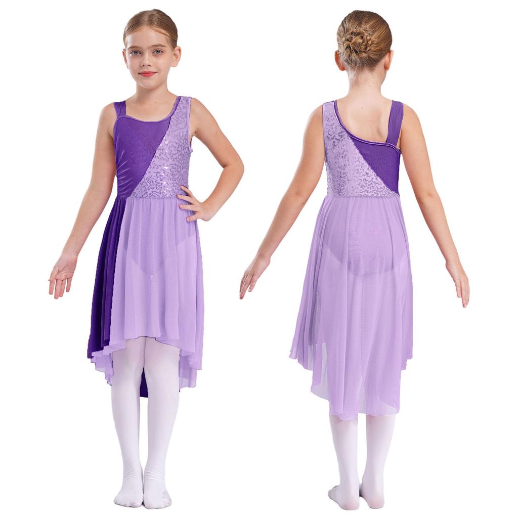 Kids Girls Contrast Color Stylish Sleeveless Round Neckline Shiny Sequins Decorated Irregular Hem Dance Dress