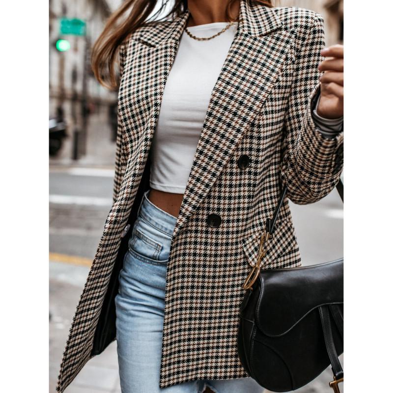 Tooxika Women's Autumn And Winter New Retro Double-breasted Plaid Print Small Suit Women's Mid-length Coat