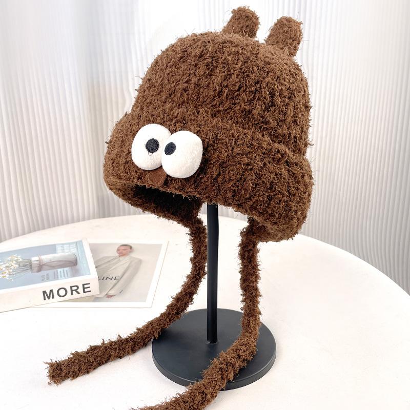 

Милая шапка-бини с большими глазами, зимняя новинка, с защитой ушей, теплая шапка-баотоу, модная универсальная шапка с завязками, вязаная шапка женская