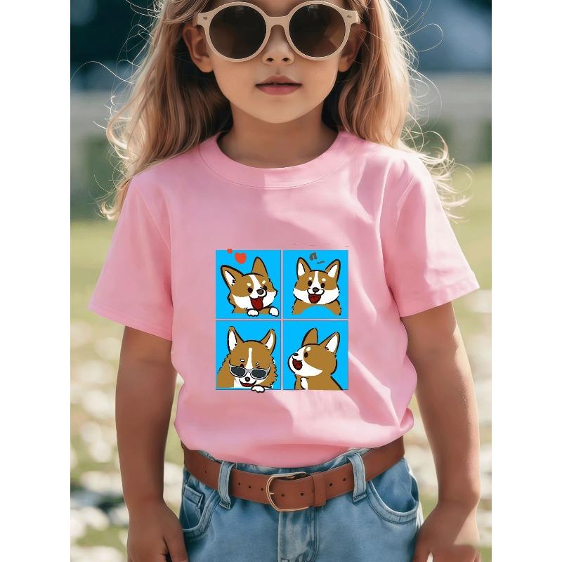 

European sizes Cute Cartoon Corgi Dog Print T-Shirt | Fresh Light Blue Background, Perfect for Summer, Outdoor Activities and Casual Wear 164cm рожевий