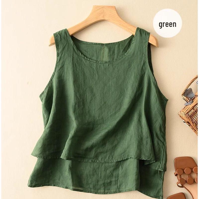 Dámská bavlněná lněná tílko nadměrné velikosti - Volný střih Retro minimalistický design