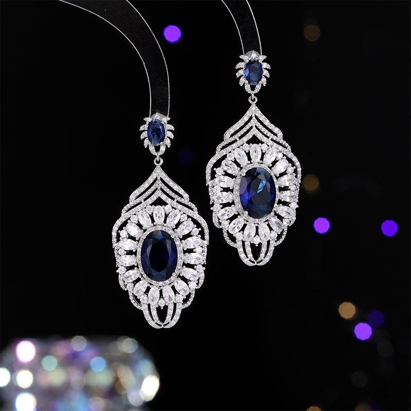 

Розкішні ретро сережки-пусети з подовженим цирконом, елегантні сережки з срібною голкою для весільної сукні синій