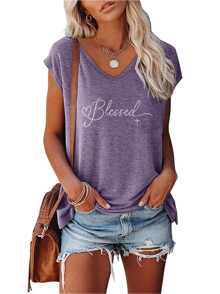 Women Fashion Printed Top Summer V Collar Tee Shirt Ladies Casual Short Sleeve T-shirt
