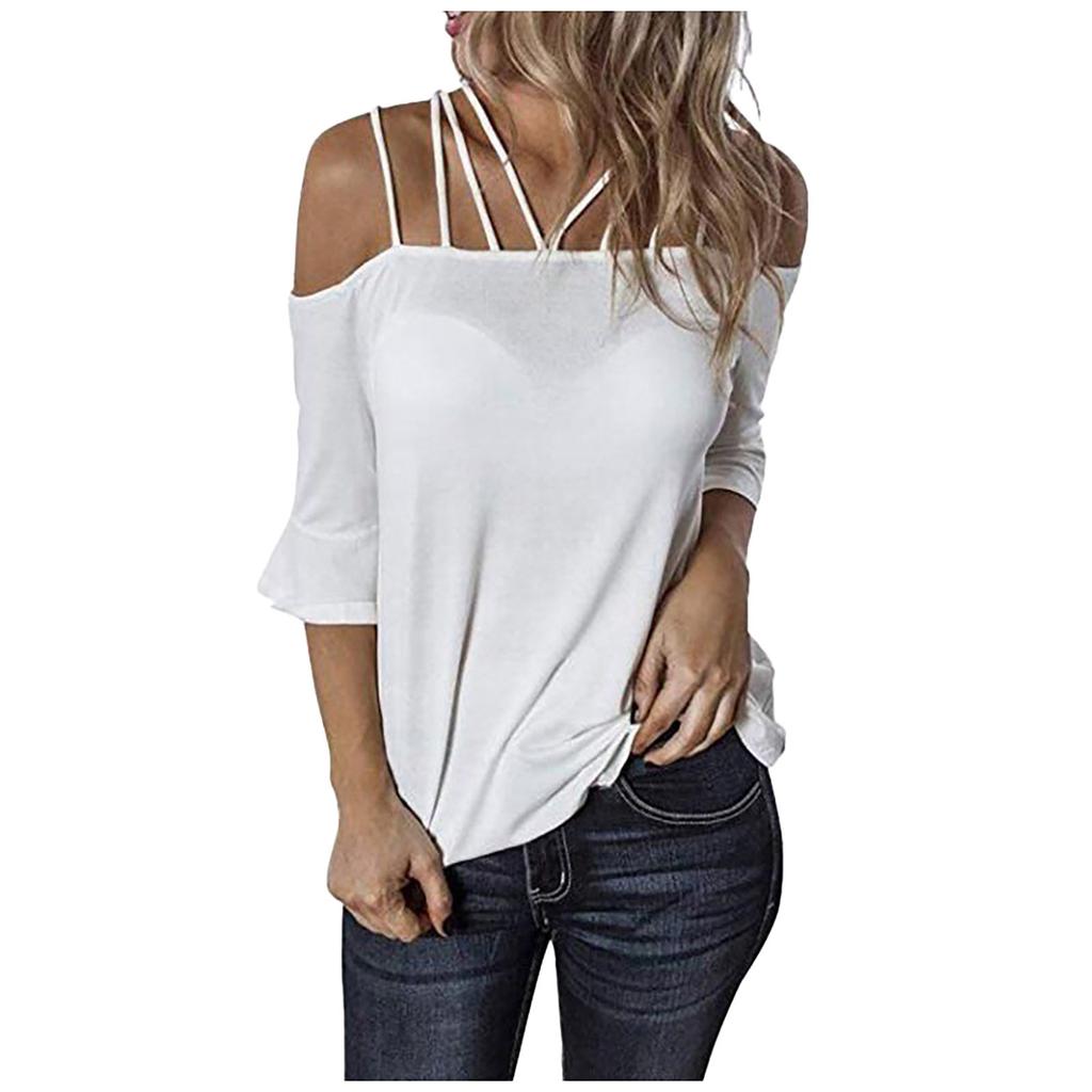 Women Fashion Plus Size Flare Sleeve Off Shoulder T-shirt Solid Color Top