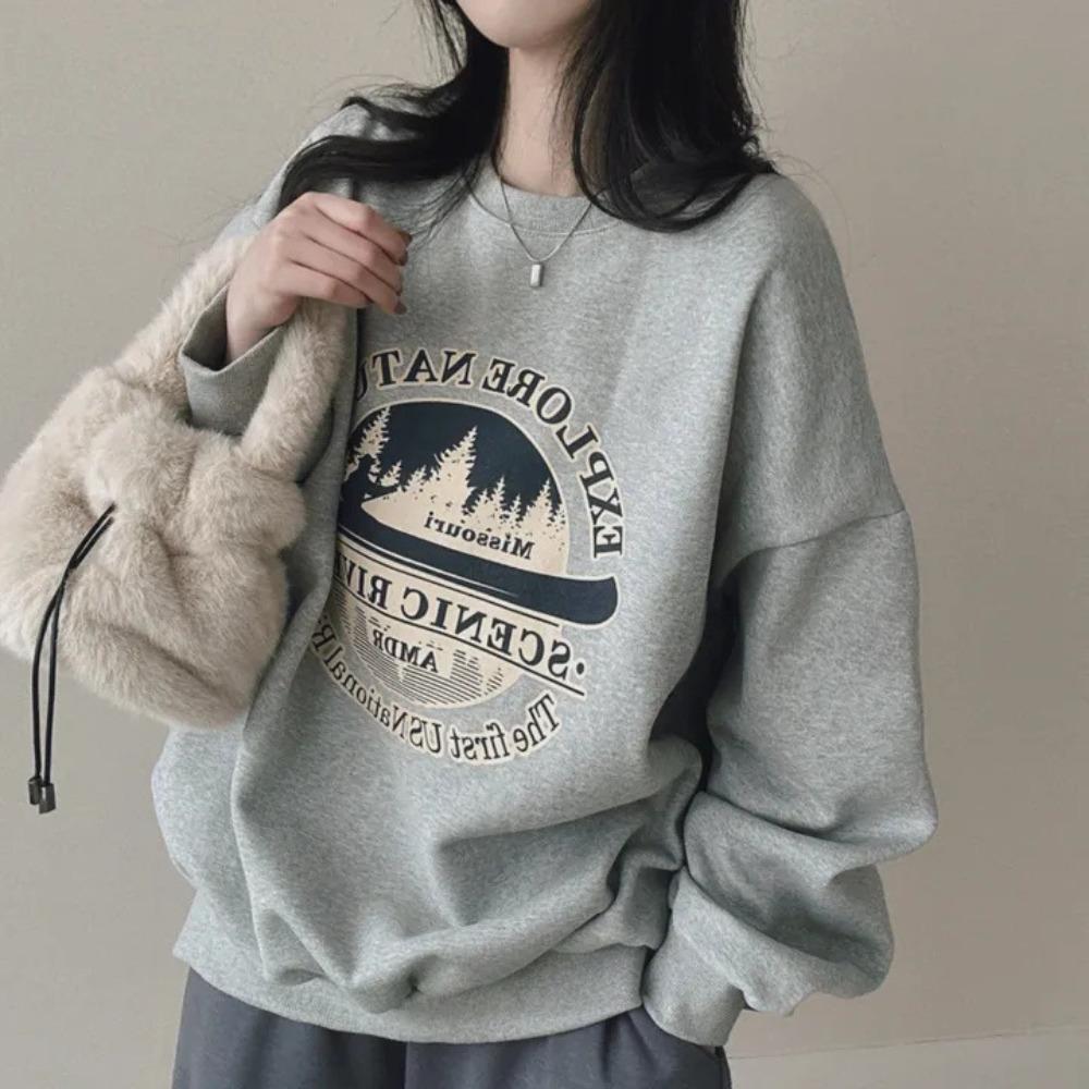Women's Crew Neck Long Sleeve Sweatshirt Loose Fit Casual Vintage Graphic Print Pullover Daily Fashion Top