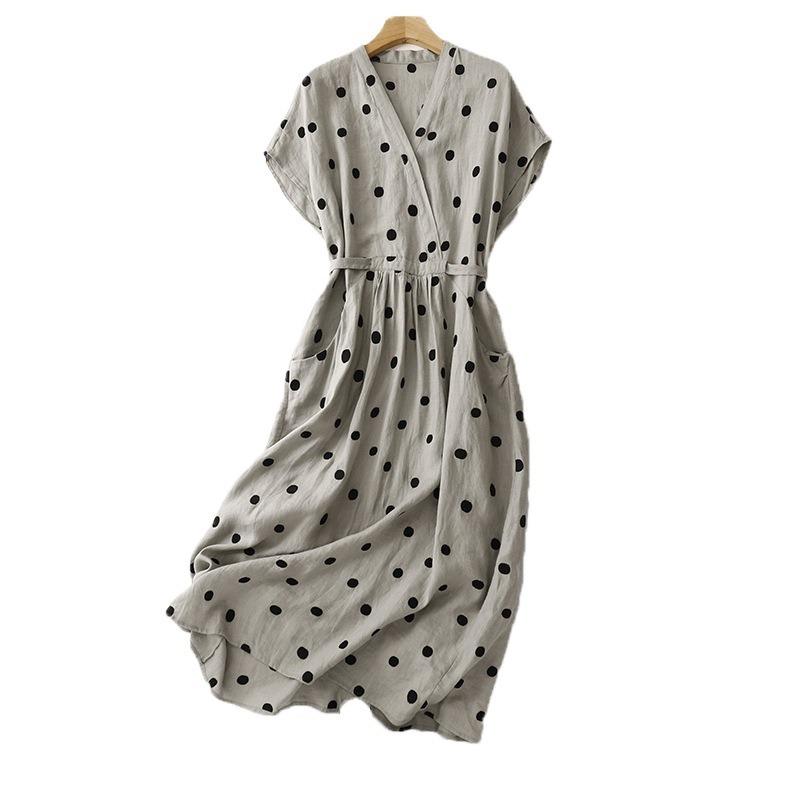 Summer New Cotton and Linen Literary and Retro Loose V-neck Short-sleeved Dress Women's Medium and Long