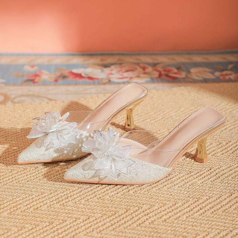 

Fashion Temperament High Heel Slippers Summer New Pointed Toe Shallow Mouth Crystal Bow Slip Foot Non-slip Cool Mopping 40