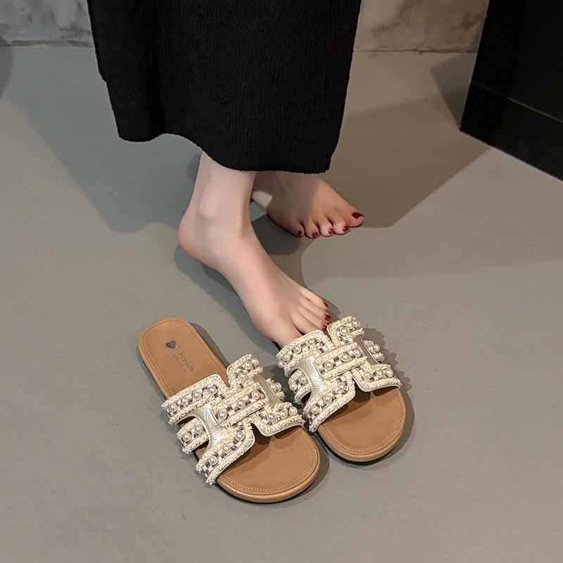 Soft Bottom Sandals Pearl Versatile New Summer Beach Flat Bottom Outer Slippers Women