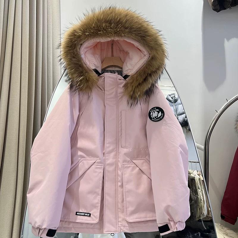

Корейская пуховая куртка с хлопковой подкладкой Женские зимние парки Куртки Толстые пальто С меховым капюшоном Женская одежда L розовый