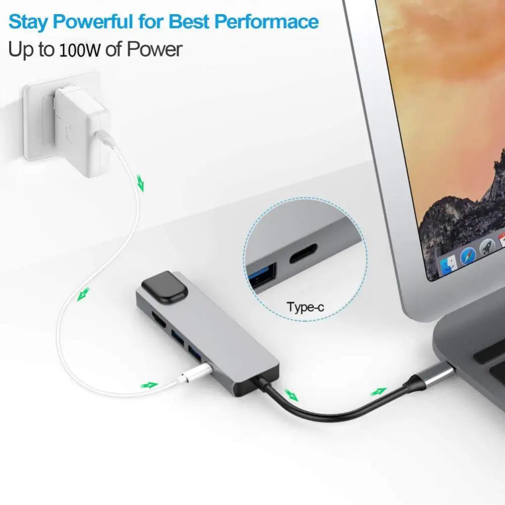 USB-C Hub 5-in-1 4K HD Output for 2.0 Aluminum Alloy 100M RJ45 Ethernet PD 100W Charging Adapter USB 3.0 Interface Multiport