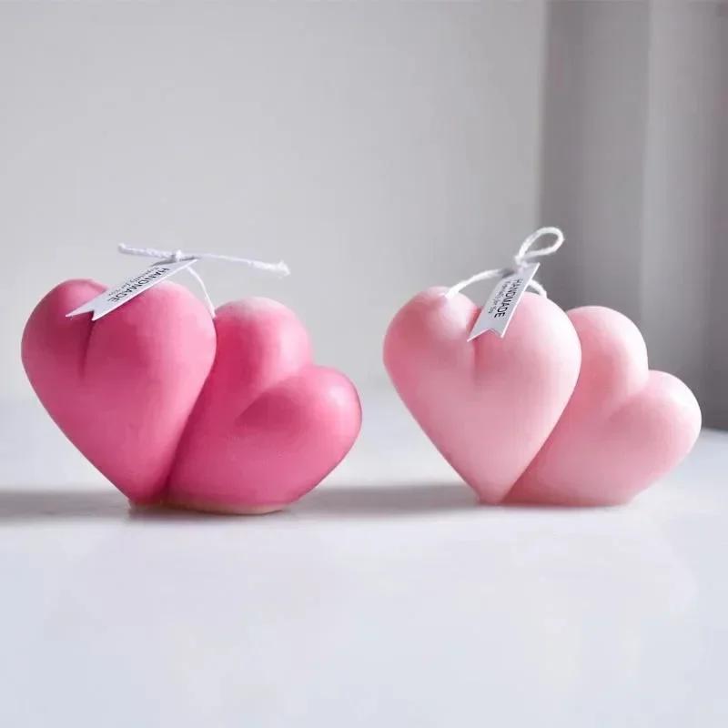 3D Double Silicone Heart Candle Mold Love Soap Resin Gyp Making Set Ice Chocolate Cake Baking Tool Home Decor Mould Couple Gifts