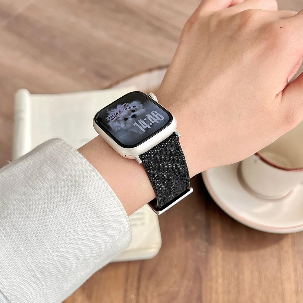 Watch Band For Apple Watch Series 10 Ultra 9 8 7 SE 6 5 4 3 2 1 46mm 49mm 45mm 44mm 42mm Embroidered Denim Leather Strap