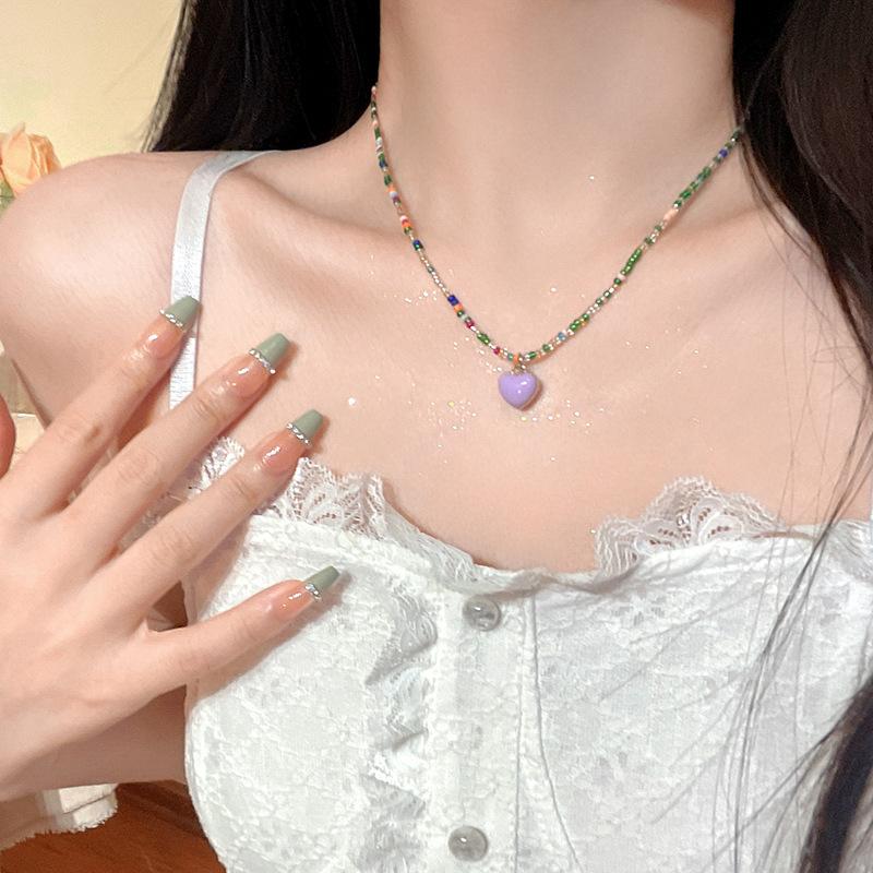 Color Beaded Love Necklace Women's Summer New Design Sense Niche Temperament Collarbone Chain Accessories Alloy