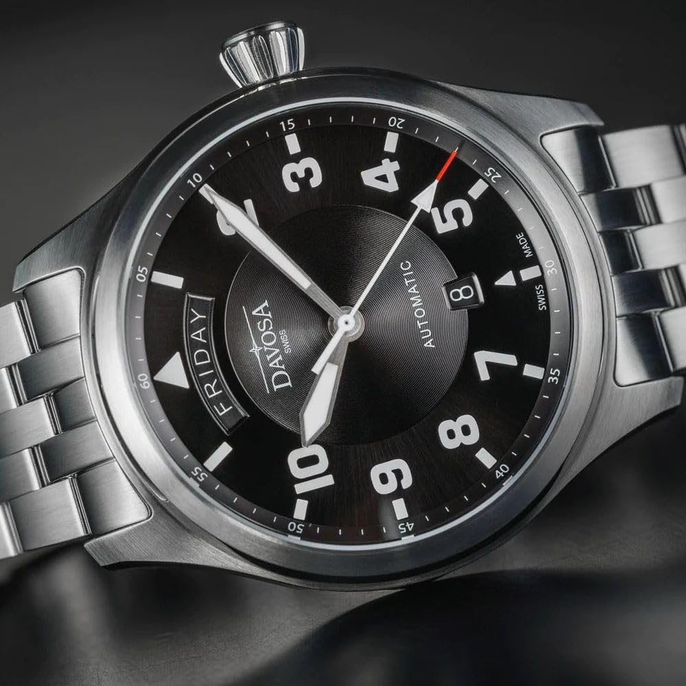Davosa Newton Pilot Automatic Swiss Day-Date Watch, Made, Silver, 161.585.50, Men's