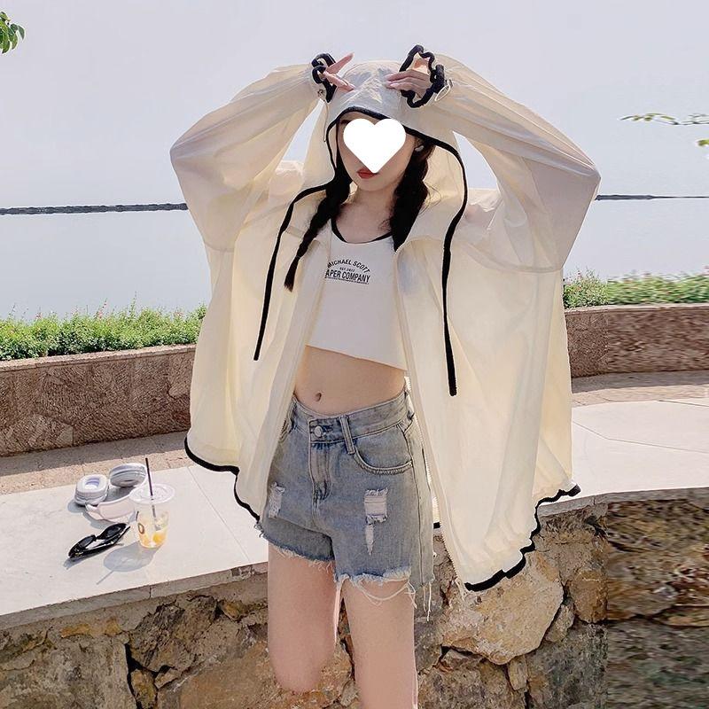 

Большие размеры, модная одежда с капюшоном и солнцезащитным кремом, женская верхняя одежда, летняя тонкая куртка с длинными рукавами, корейская версия дышащей свободной куртки XXL