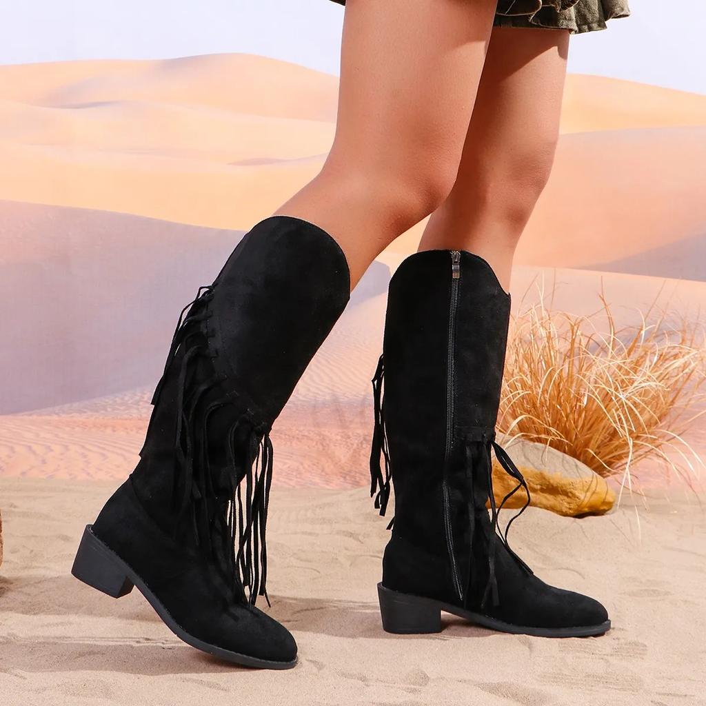 Damen Mode Fransen Hohe Stiefel Wildleder Absatz Schuhe 2024 Trend Neue Gladiator Motorradstiefel Herbst Winter Goth Pumps Schnee Botas