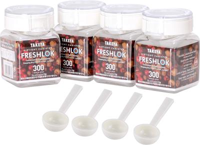 Takeya Freshlock Weißes Aufbewahrungs-Set für Kartoffeln und Snacks [Offiziell] Behälter, 4, Quadratisch, 300ml, Löffel, Luftdicht, Kühlschrankgeeignet, Protein,