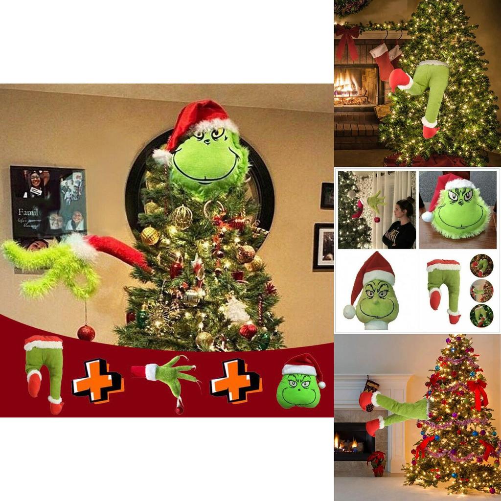 Charming Grinch Christmas Decorations Furry Green Leg And Head Tree Ornament Set
