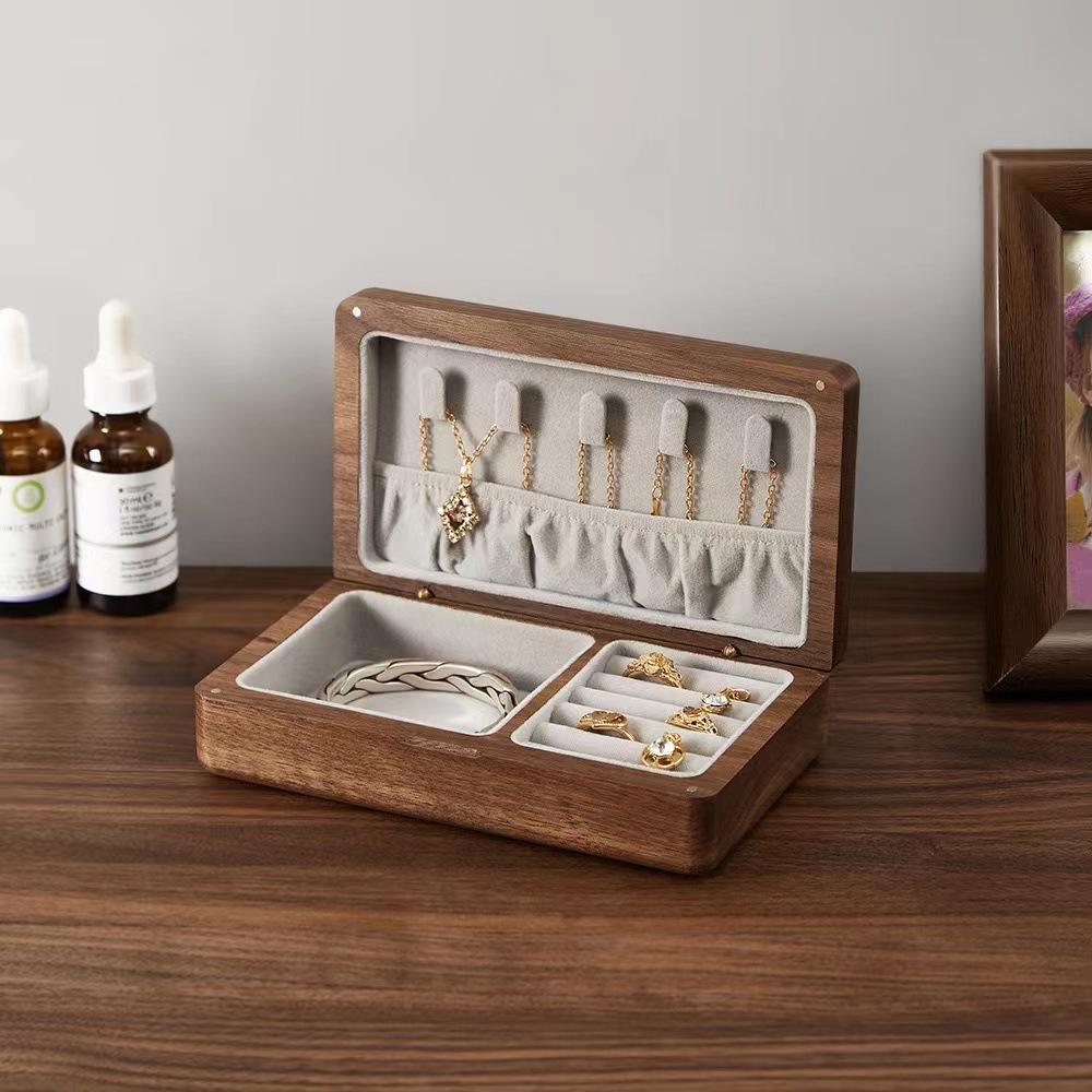 NEW Portable Flannelette Jewelry Storage Box High-end Luxurious Black Walnut Vintage Necklace Earrings Portable Travel Pure Wood