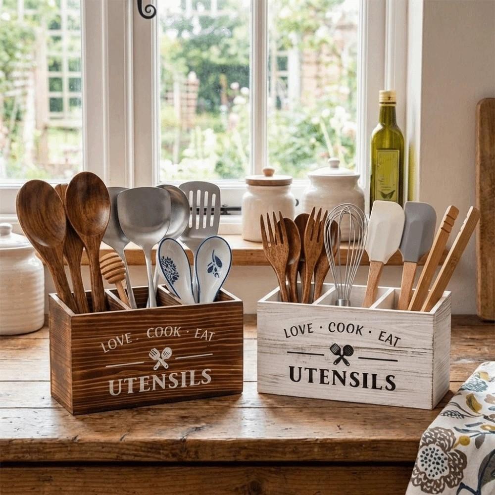 Wooden Spoon Fork Storage Box Large Capacity Space Saving Tableware Storage Rack Decorative with 3 Compartments