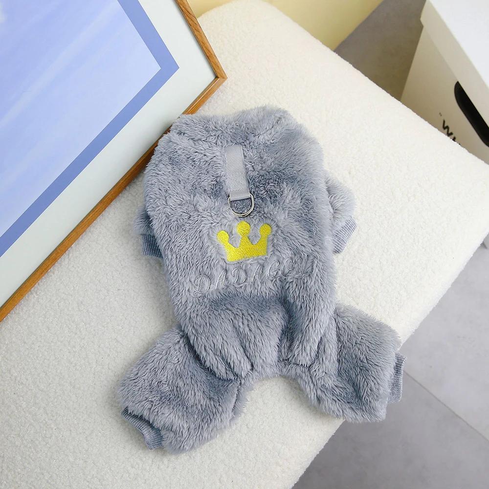 Fleece Dog Pajamas for Small Dogs Pet Pullover Pyjamas with Embroidery Crown Soft Winter Chihuahua Jumpsuit Yorkie Cat Clothes