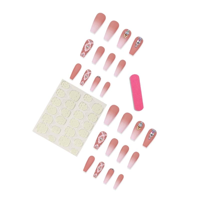 24Pcs Independence Day Themed Gradient Pink Camellia False Nail Stick On Nail for Fashion Enthusiasts and Parties Event
