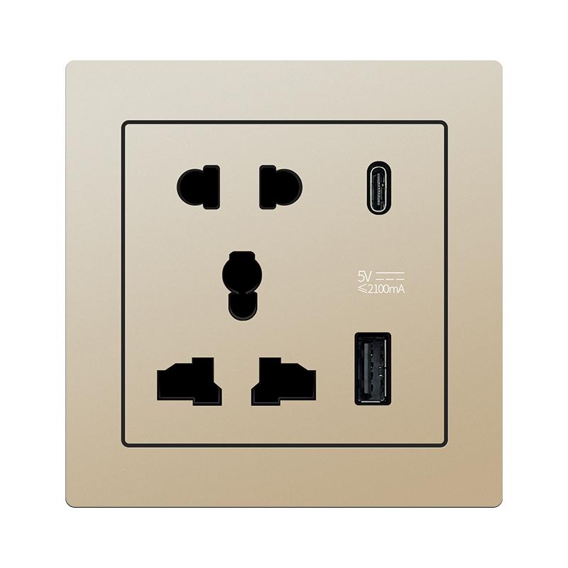 5-hole Universal Socket with USB + Type-c Charging Ports and Switch 86-type Glass Panel Embedded Wall Socket