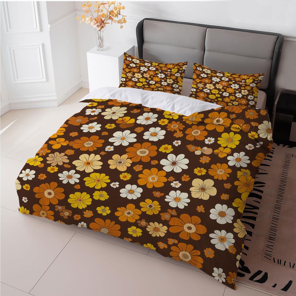 3Pcs Retro Floral Duvet Cover Set,Brown Orange Flower Print Polyester Bedding With Pillowcases,Machine Washable All Season