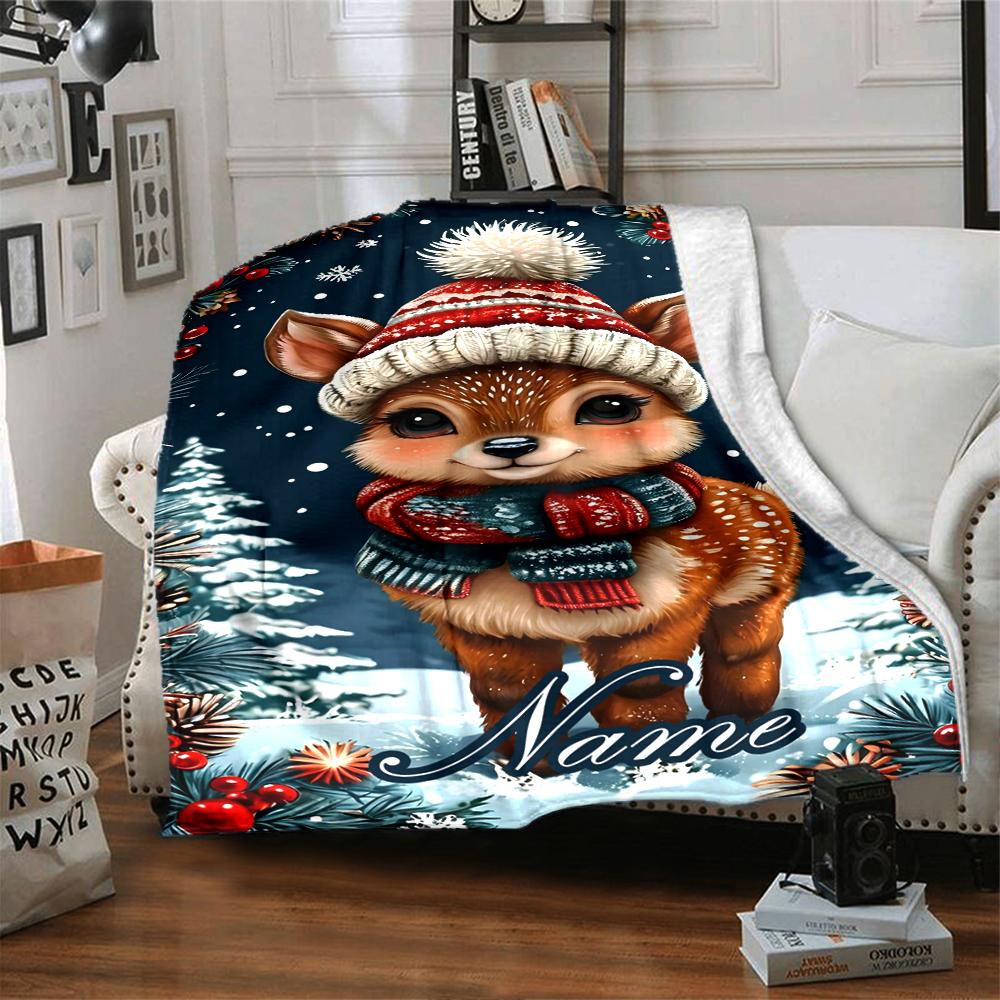 Custom Name Christmas reindeer Theme Printed Blanket - Perfect for Couch, Bed, Travel & Outdoor Use | Machine Washable, Cozy & Durable.