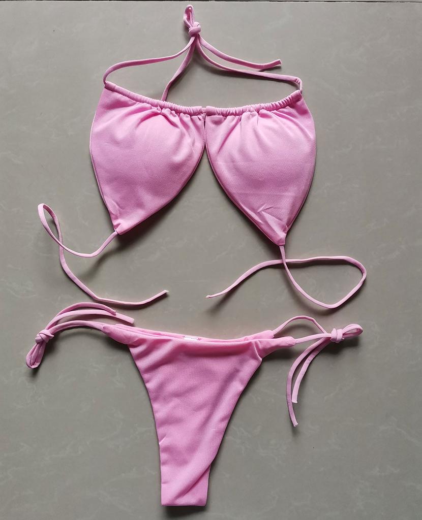 Summer Sexy Bikini set Push-up padded Bra Thong Split Swimwear Female Bandage Bathing Suit Adjustable Lacing Swimsuit Solid