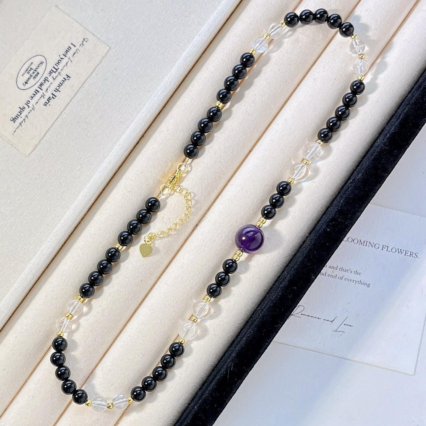 Noble Dark Night Black Natural Black Agate White Crystal Amethyst Design Sense Collarbone Chain Necklace